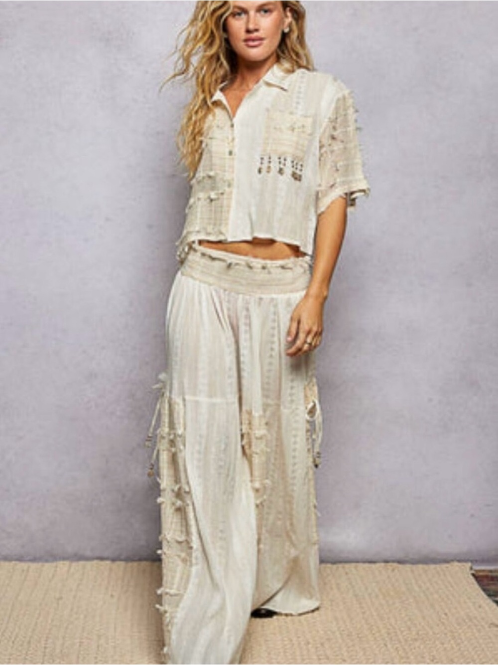 POL Cream Textured Wide Leg Boho Palazzo Pants | Fringe Detail | NWOT